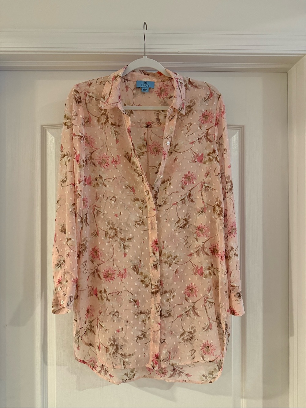 CeCe - Pink Floral Sheer Swiss Dot Chiffon Button Down Shirt - Size Small
